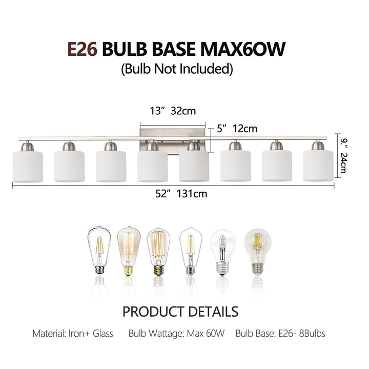 Dimension diagram for 7-Light Bathroom Vanity Light, Nickel Finish, Milky White Glass Shades for Bathroom Mirror