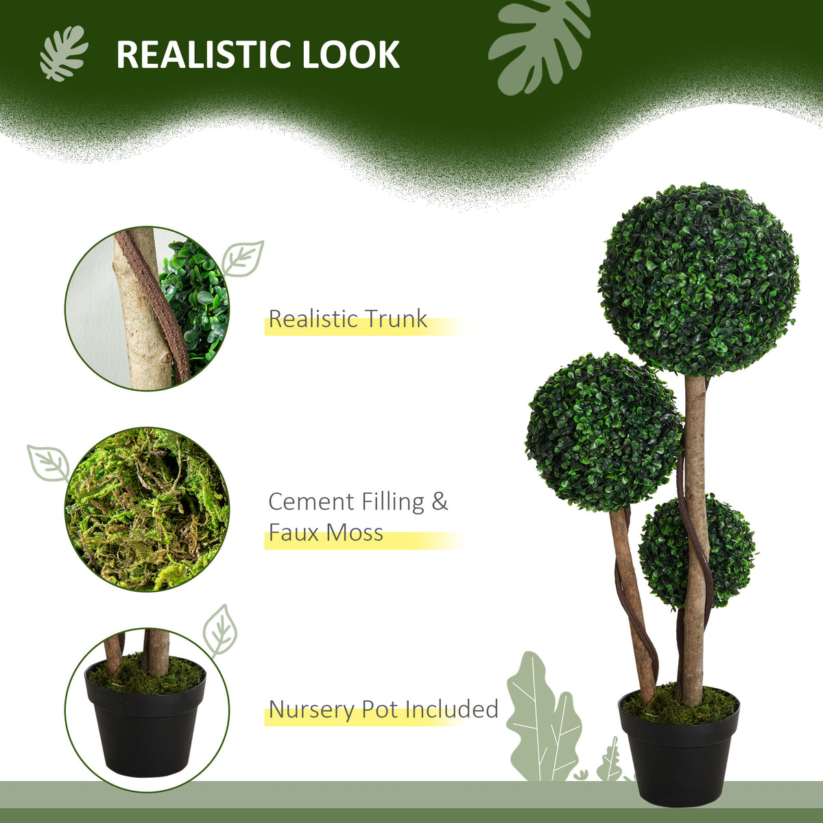 Artificial Boxwood Tree, Indoor Outdoor Faux Potted Plant, Dark Green, for Living Room Corner — detail view