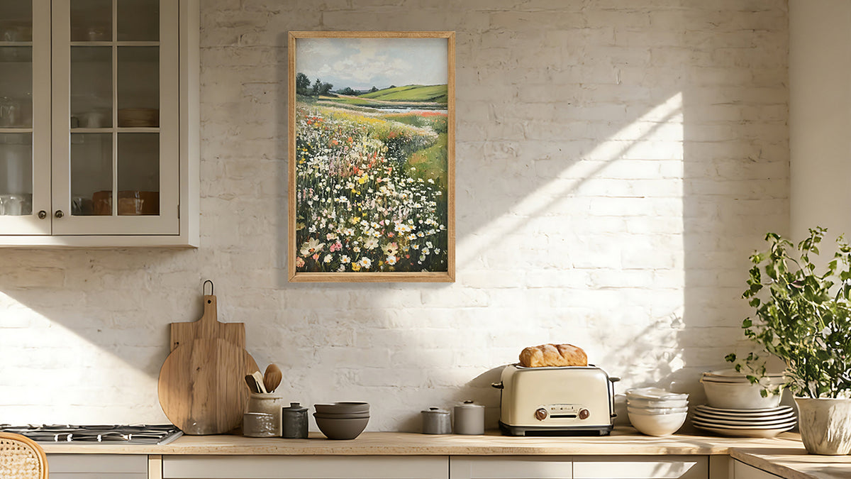 Vintage Framed Canvas Wall Art, Wildflower Meadow Landscape Print, Green and Ivory, for Dining Room — detail view 2