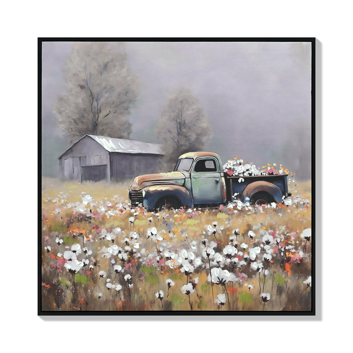 Farmhouse Vintage Truck Canvas Wall Art, Country Barn Print, White, for Living Room — detail view