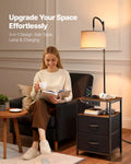Industrial Metal Floor Lamp with End Table, Built-In Charging, Storage Shelf, Black Finish