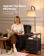 Industrial Metal Floor Lamp with End Table, Built-In Charging, Storage Shelf, Black Finish