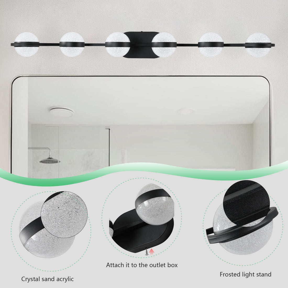43in Black Minimalist LED Bathroom Vanity Light With Crystal Sand Acry