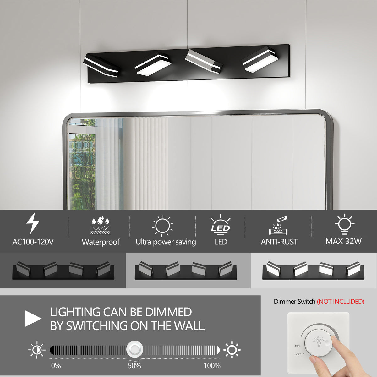 Modern LED Vanity Light Bar, Geometric Chrome Heads, Silver Finish for Bathroom Mirror — detail view 3