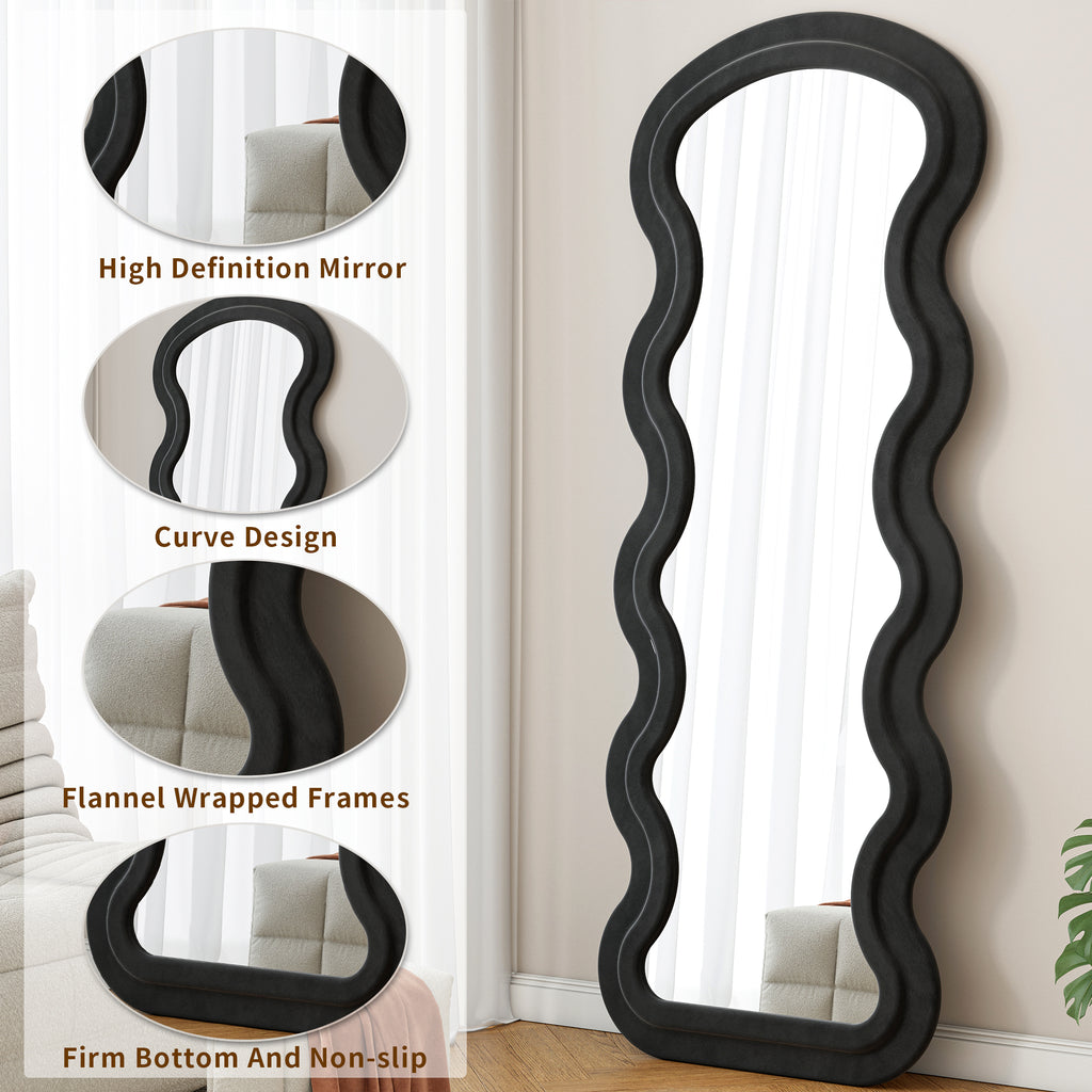 Flannel Full Length Wave Black Floor Mirror With Stand For Bedroom Liv