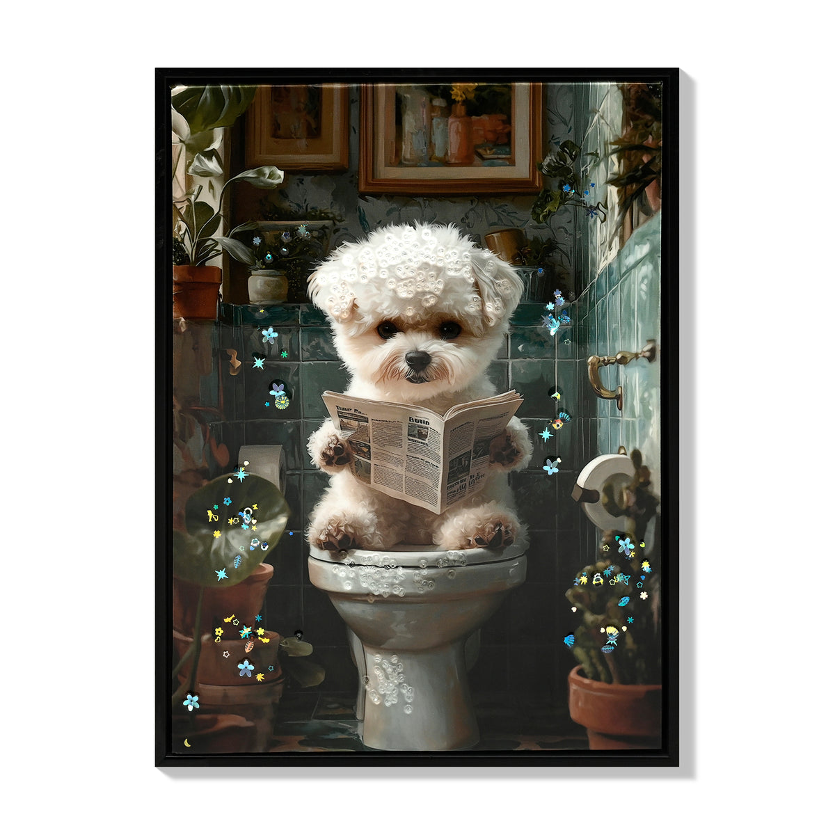 Framed Puppy Canvas Wall Art, Funny 3D Print, Indigo and White, for Bathroom — detail view 3