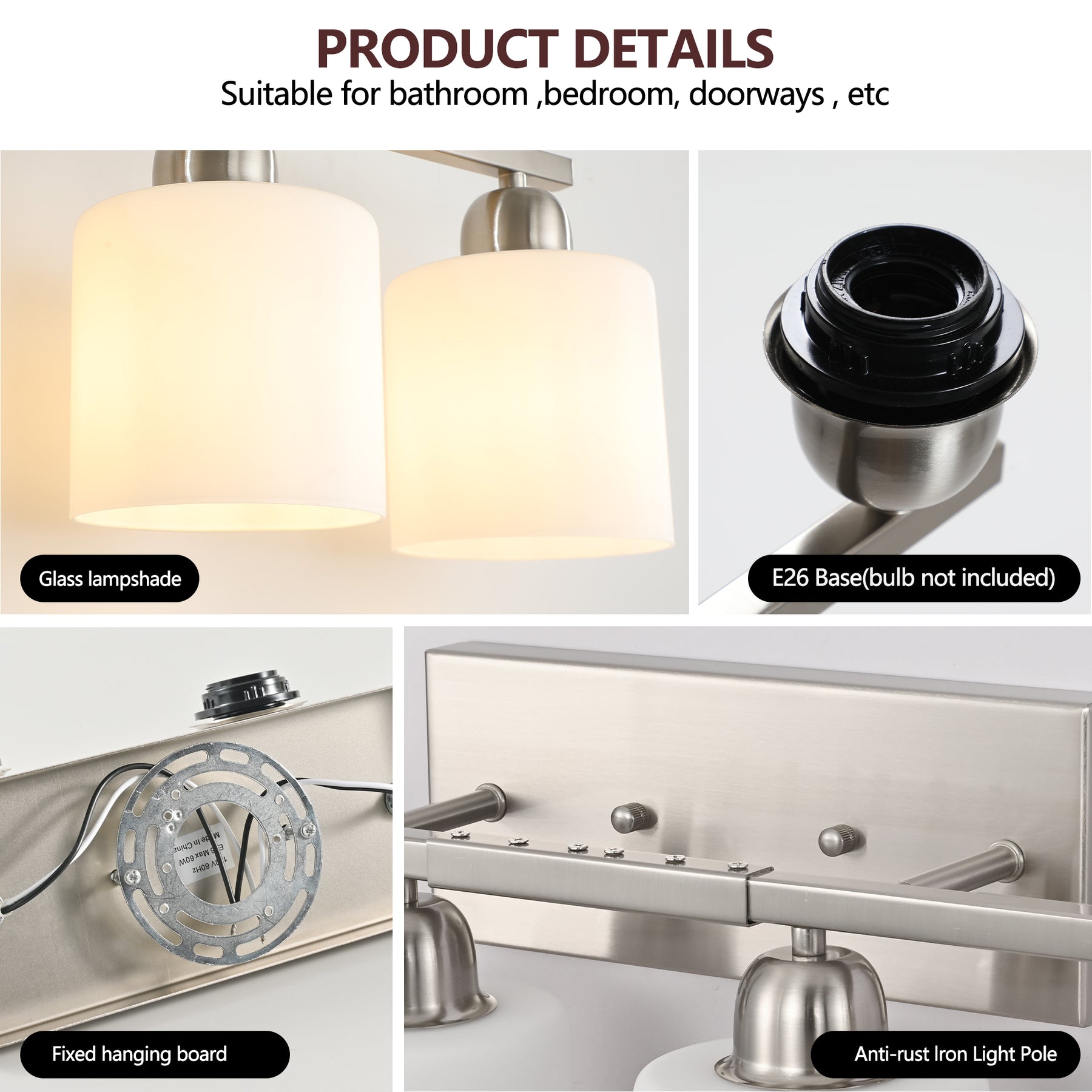 8-Light Bathroom Vanity Light, Nickel Finish, Milky White Glass Shades for Bathroom Mirror — detail view