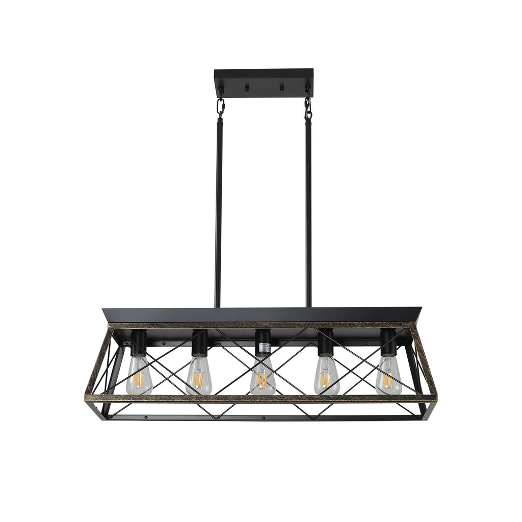 Black & Gold Industrial 5-Light Pendant Chandelier, Mesh Frame, 32 in.