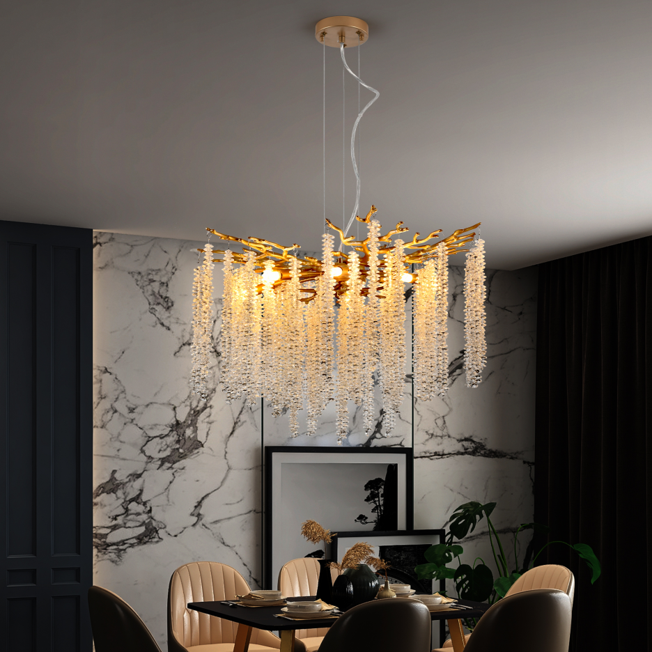 Gold Crystal Pendant Light with Cascading Strands, 24 Inch