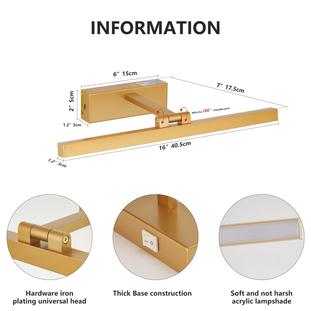 16inch Gold Bathroom Light Fixtures Over Mirror Modern Dimmable LED Va