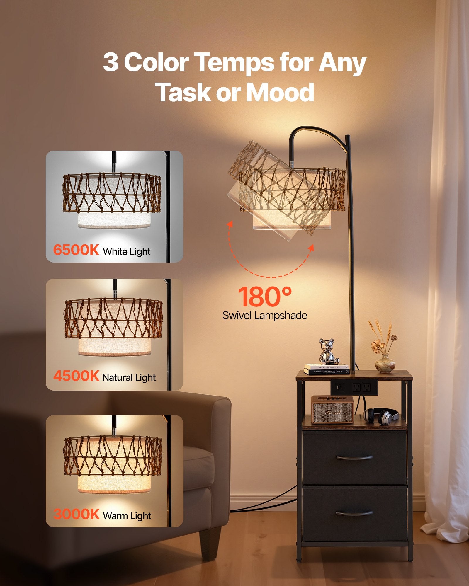 Rustic Industrial Floor Lamp with End Table, Charging Station, Storage Shelf, Black Finish — detail view