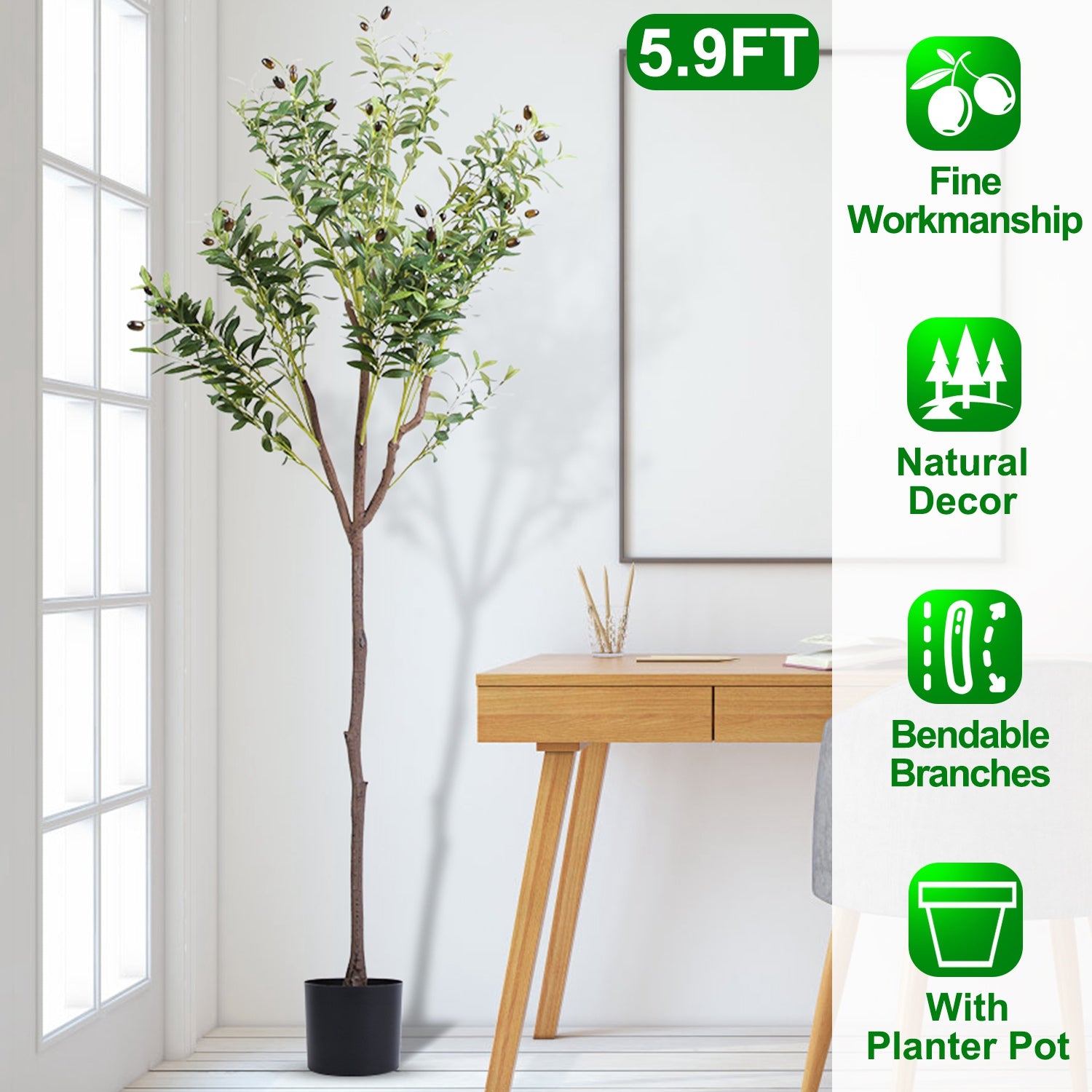1Pc 5.9FT Artificial Olive Tree Tall Fake Olive Plant Faux Potted Oliv