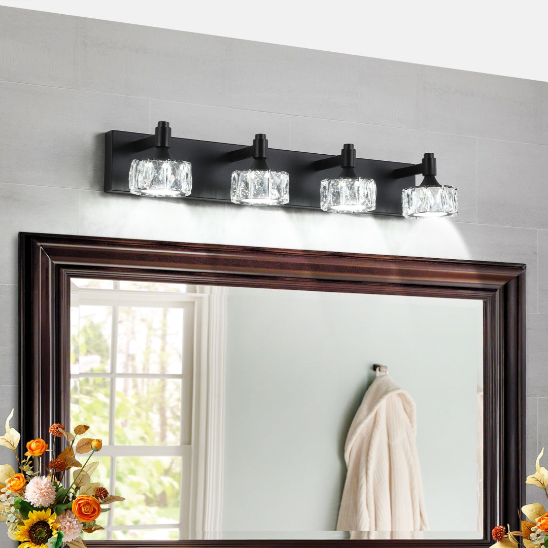 Crystal Glass Vanity Light, 4-Light Matte Black LED Bathroom Fixture — detail view 5
