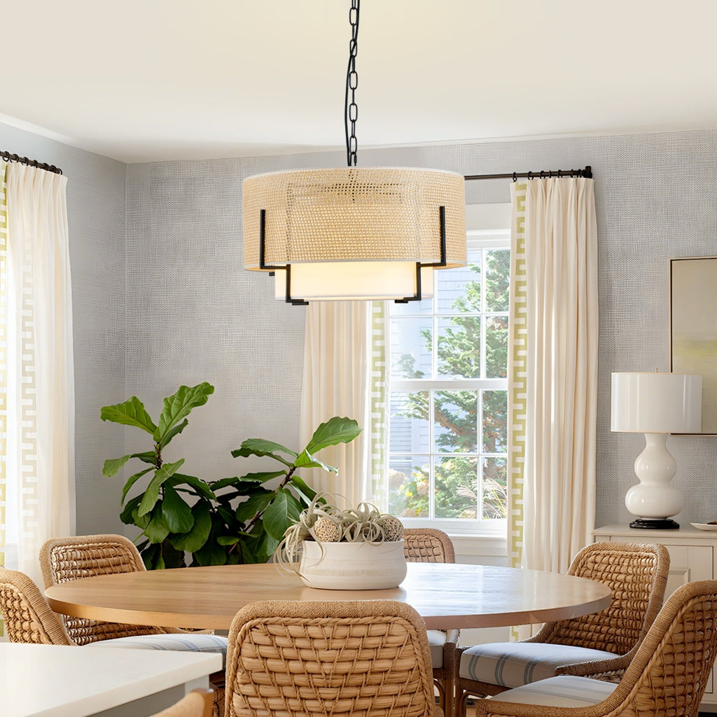 Farmhouse Boho Rattan Chandelier, Woven Texture, Fabric Shade, 19.7 in.