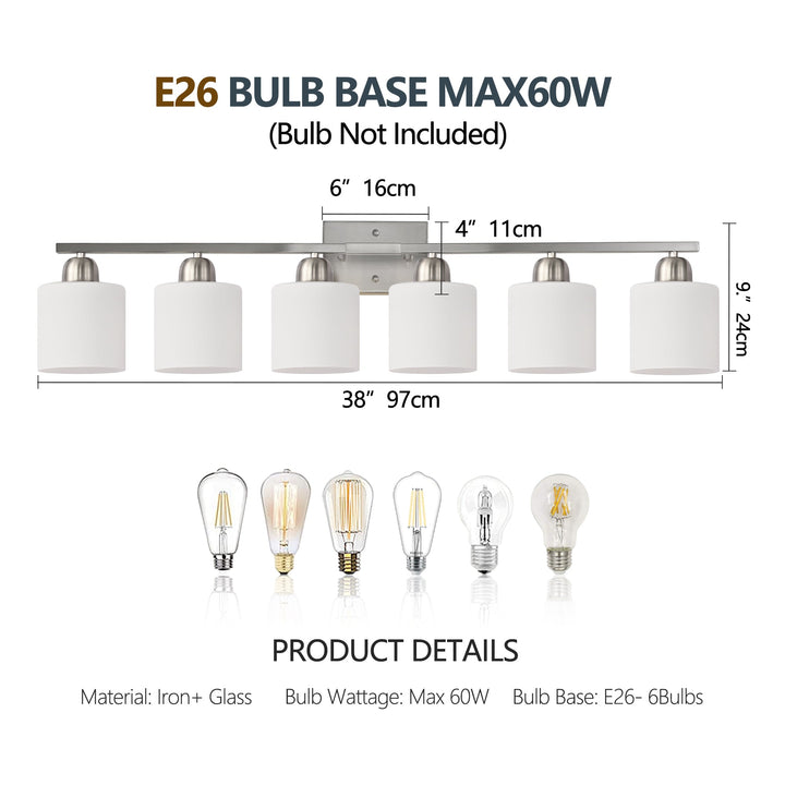 Dimension diagram for Modern 6-Light Vanity Light Bar, Milky White Glass Shades, Nickel, 38 in. for Bathroom