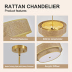 17.7 Inch Woven Rattan Linen Semi Embedded Ceiling Light Fixture