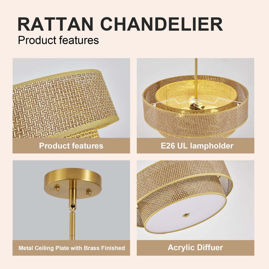 17.7 Inch Woven Rattan Linen Semi Embedded Ceiling Light Fixture