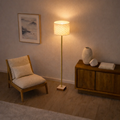 Minimalist Marble-Base Floor Lamp, Slim Silhouette, Neutral Fabric Shade, Gold Finish