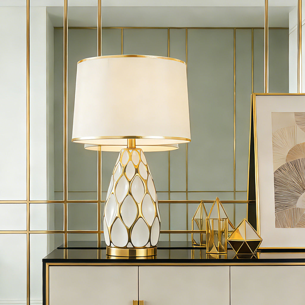 Honeycomb Ceramic Table Lamp, Cream with Gold Trim Shade