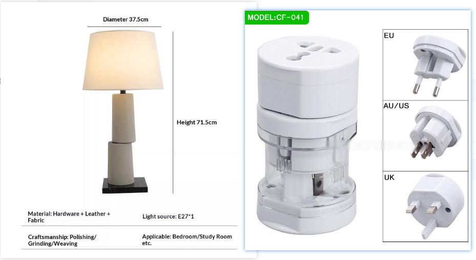 Leather-Wrapped Table Lamp, Cream with Black Piping, 25 Inch