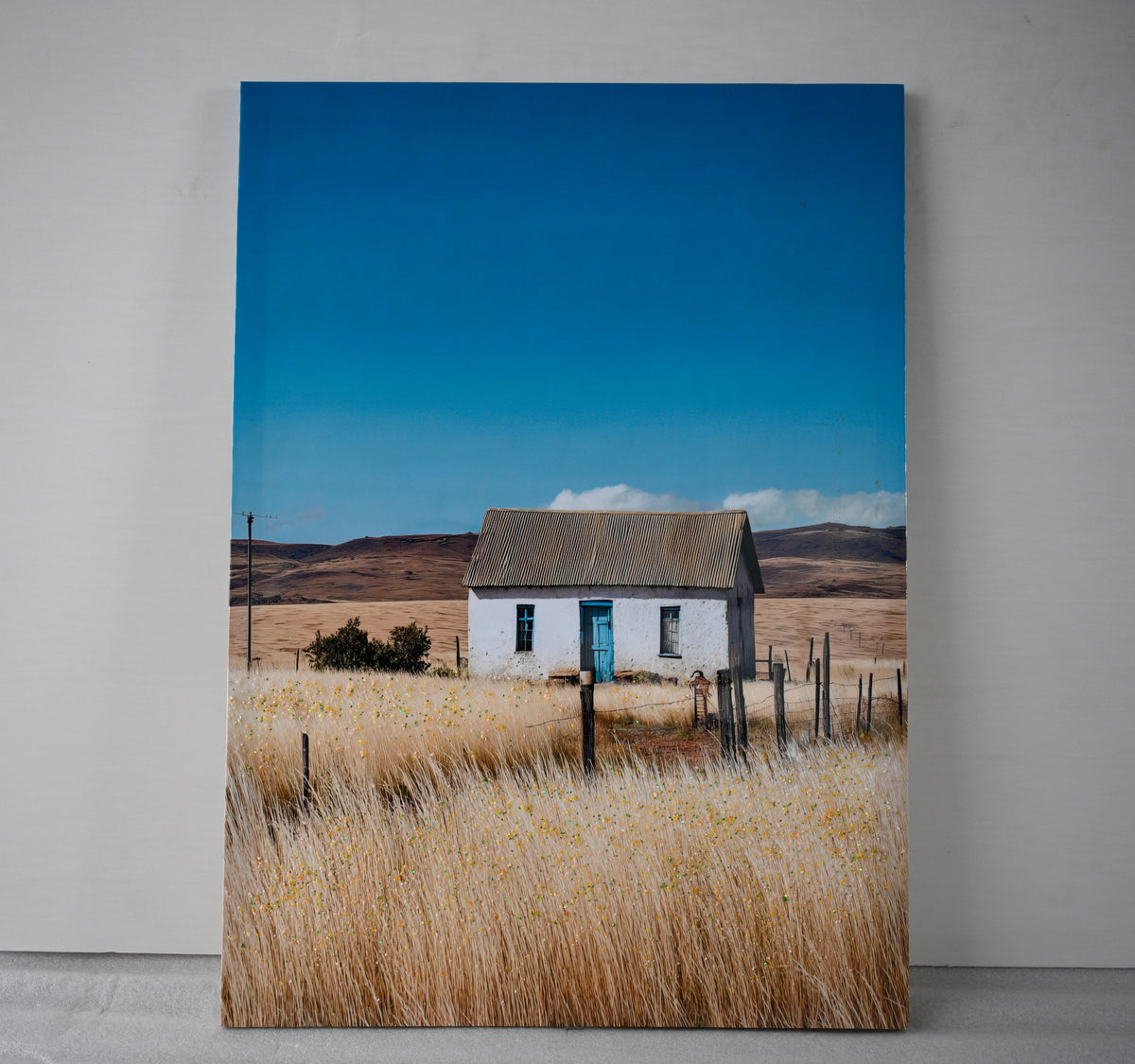 Farmhouse Framed Canvas Wall Art, White House Countryside Print, Natural and Blue, for Living Room — detail view