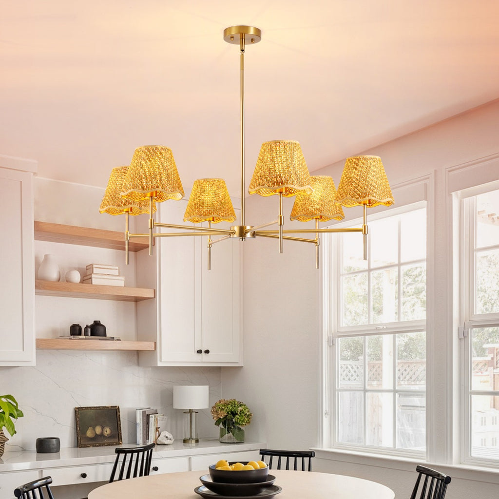 Boho Rattan 6-Light Chandelier, Handmade Woven Shade, Brass-Finished Rod, Large