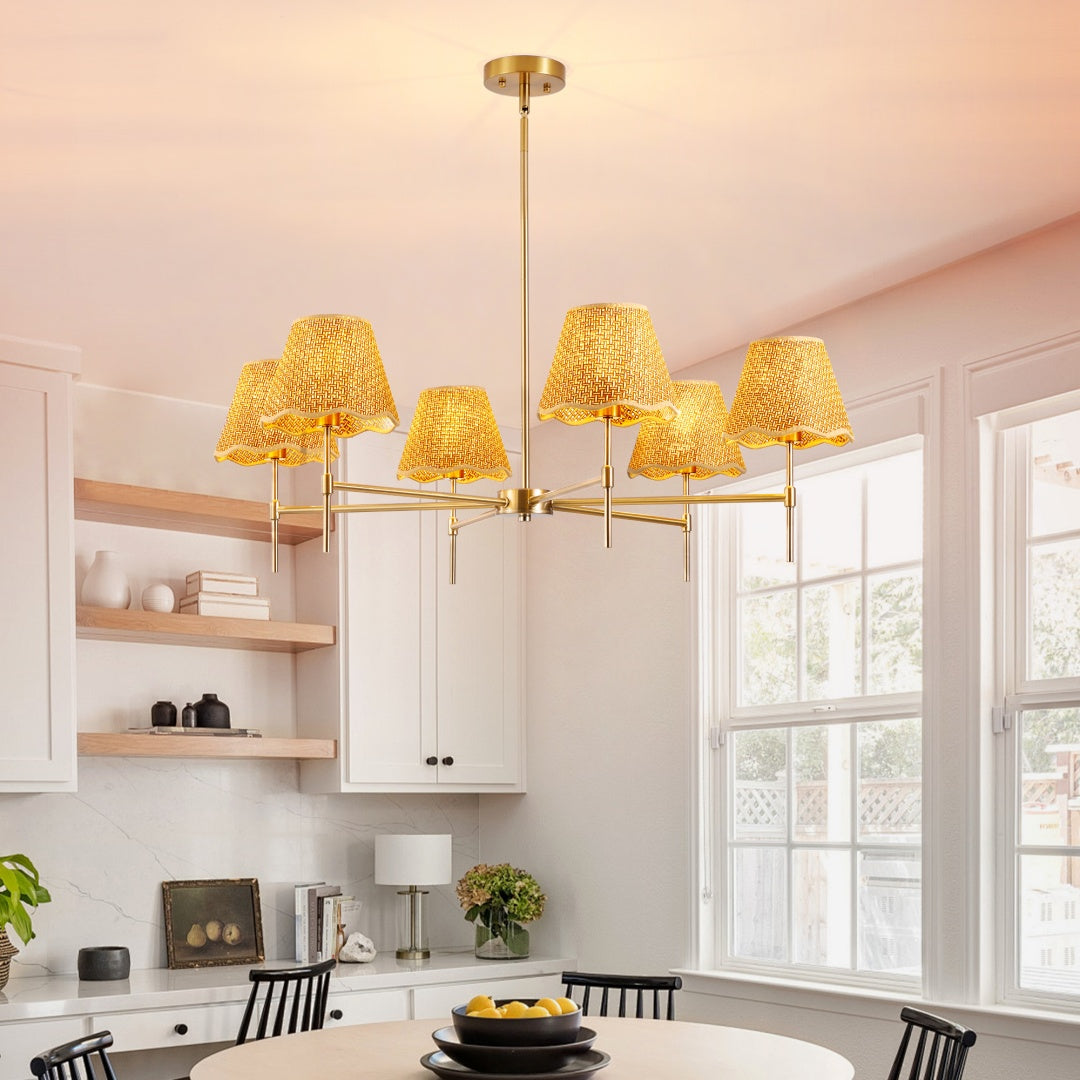 Boho Rattan 6-Light Chandelier, Handmade Woven Shade, Brass-Finished Rod, Large