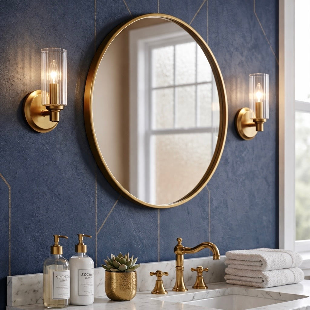 Single-Light Wall Sconce, Clear Ribbed Glass Shade, Satin Brass Finish, for Bathroom — detail view 2