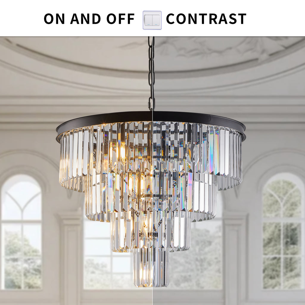 4-Tier K9 Crystal Chandelier, Black Iron Frame, 24 In. Wide