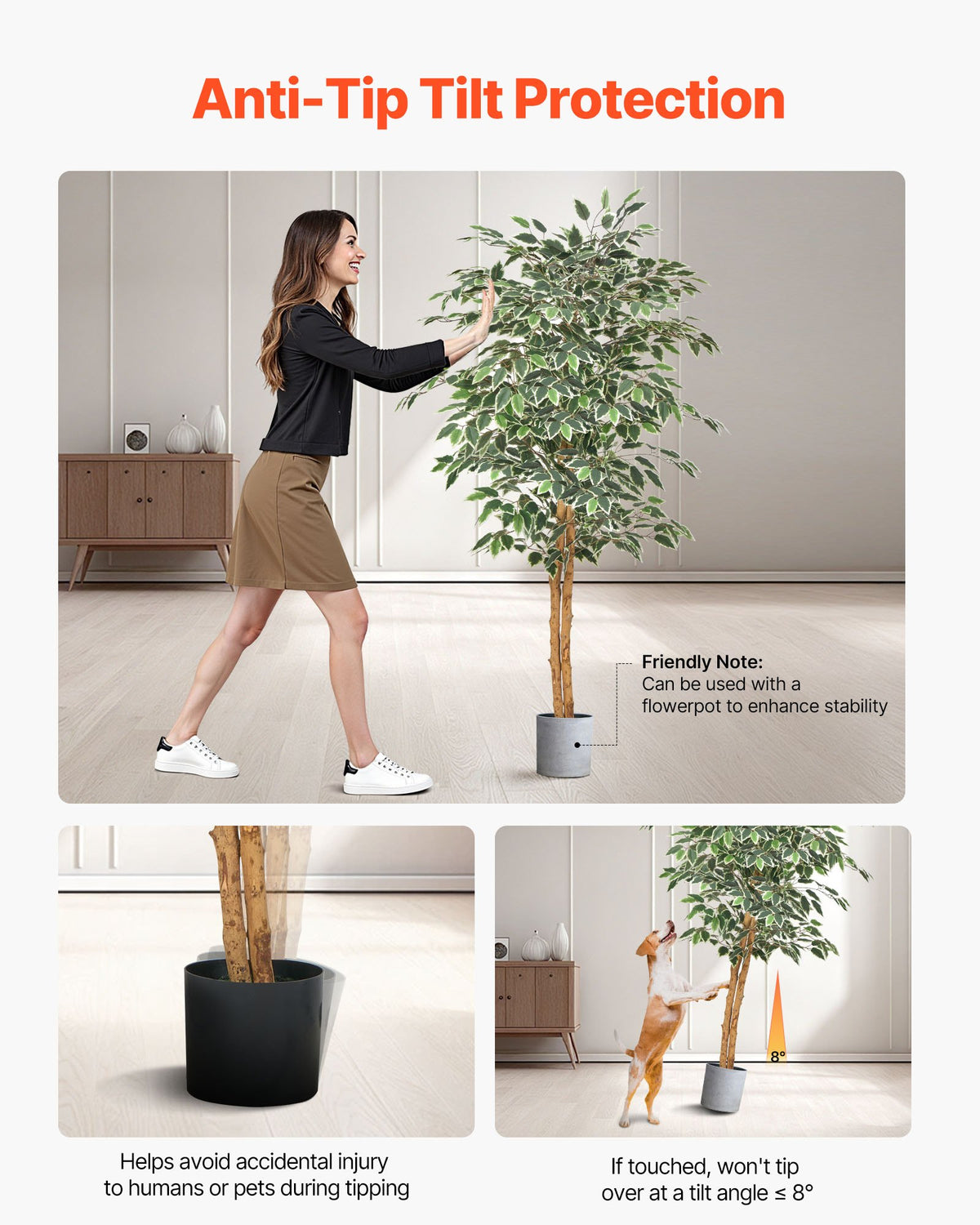 Artificial Ficus Tree, 5 ft Faux Plant with Black Pot, Green, for Living Room Corner — detail view 3