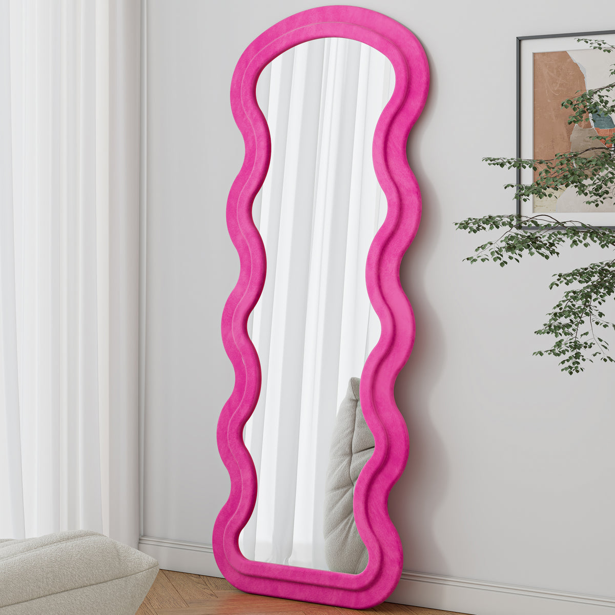 Full-Length Wavy Floor Mirror, Flannel-Wrapped Frame, Rose, for Bedroom — detail view 2