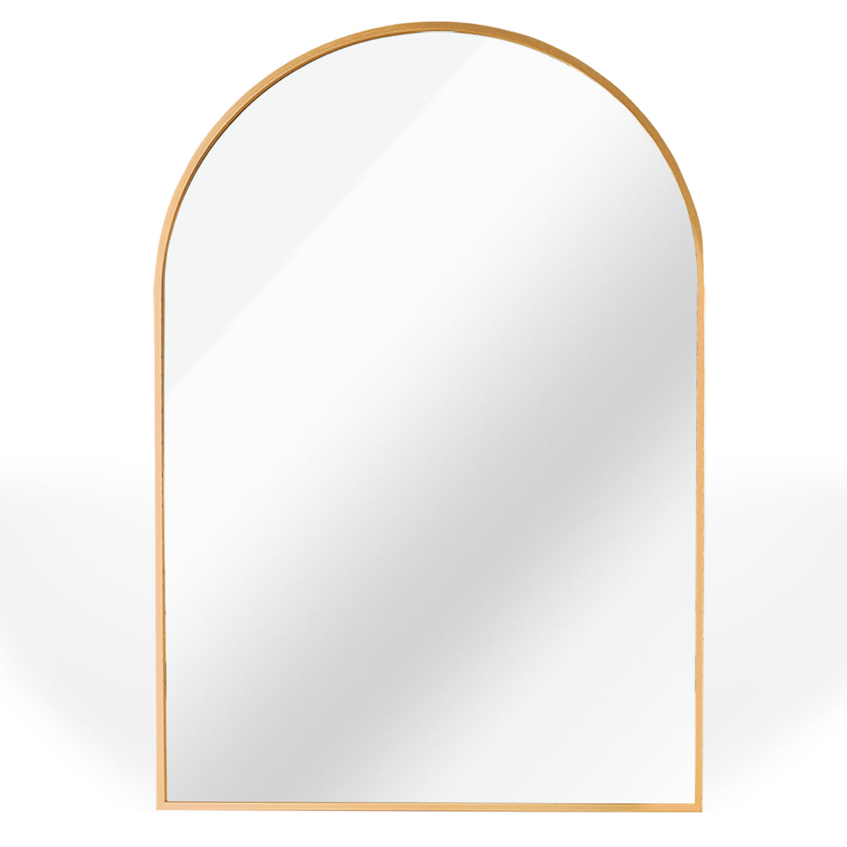 Arched wall mirror with slim brushed gold frame, 24 x 32 in, front view on a plain background