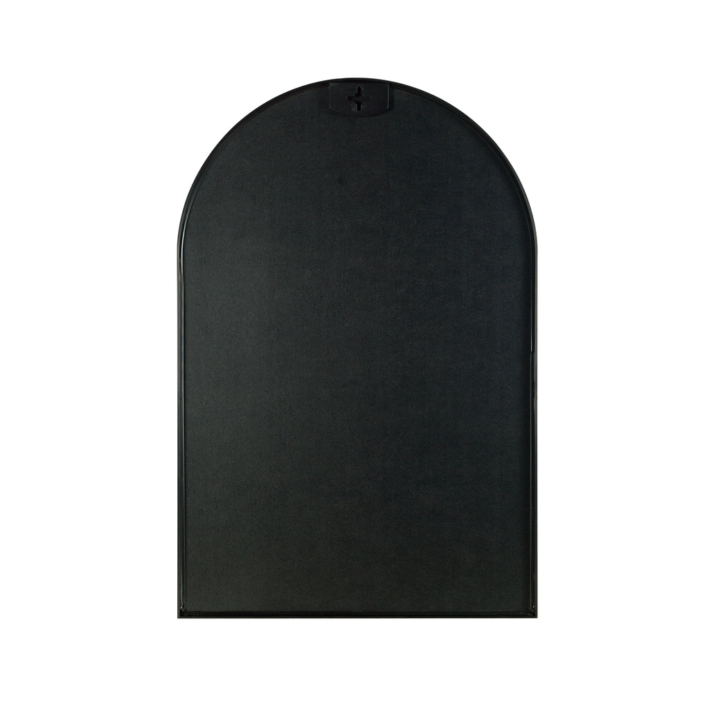 Arched metal wall mirror — back view with backing board and top hanging brackets