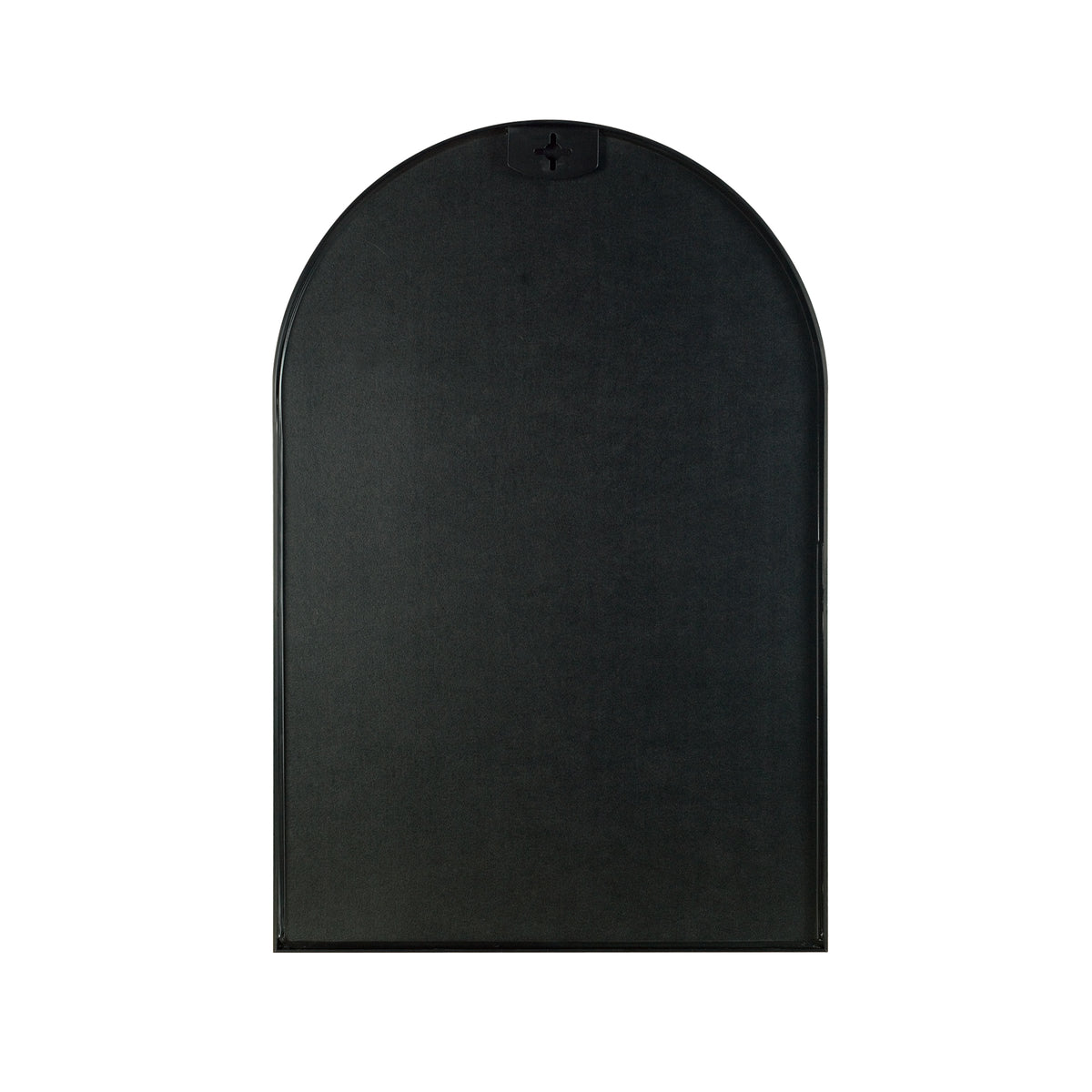 Arched metal wall mirror — back view with backing board and top hanging brackets