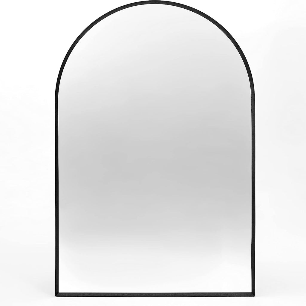 Arched wall mirror with slim black metal frame, 24 x 32 in, on a plain white background