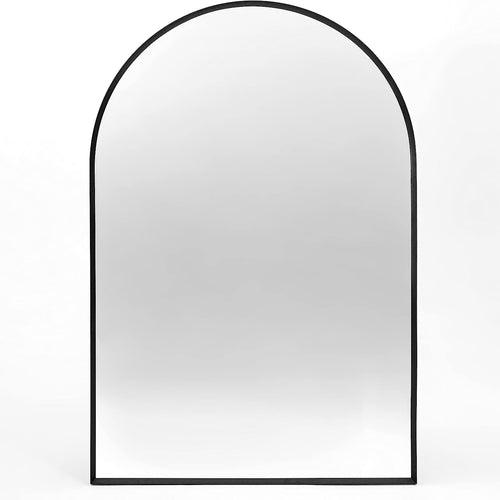 Arched wall mirror with slim black metal frame, 24 x 32 in, on a plain white background