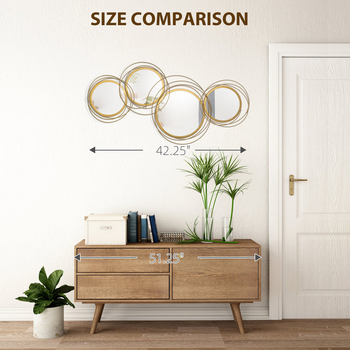 Dimension diagram for Round Metal Wall Mirror Cluster, Asymmetrical Gold Frame, Multi-Mirror Decor for Living Room Entryway