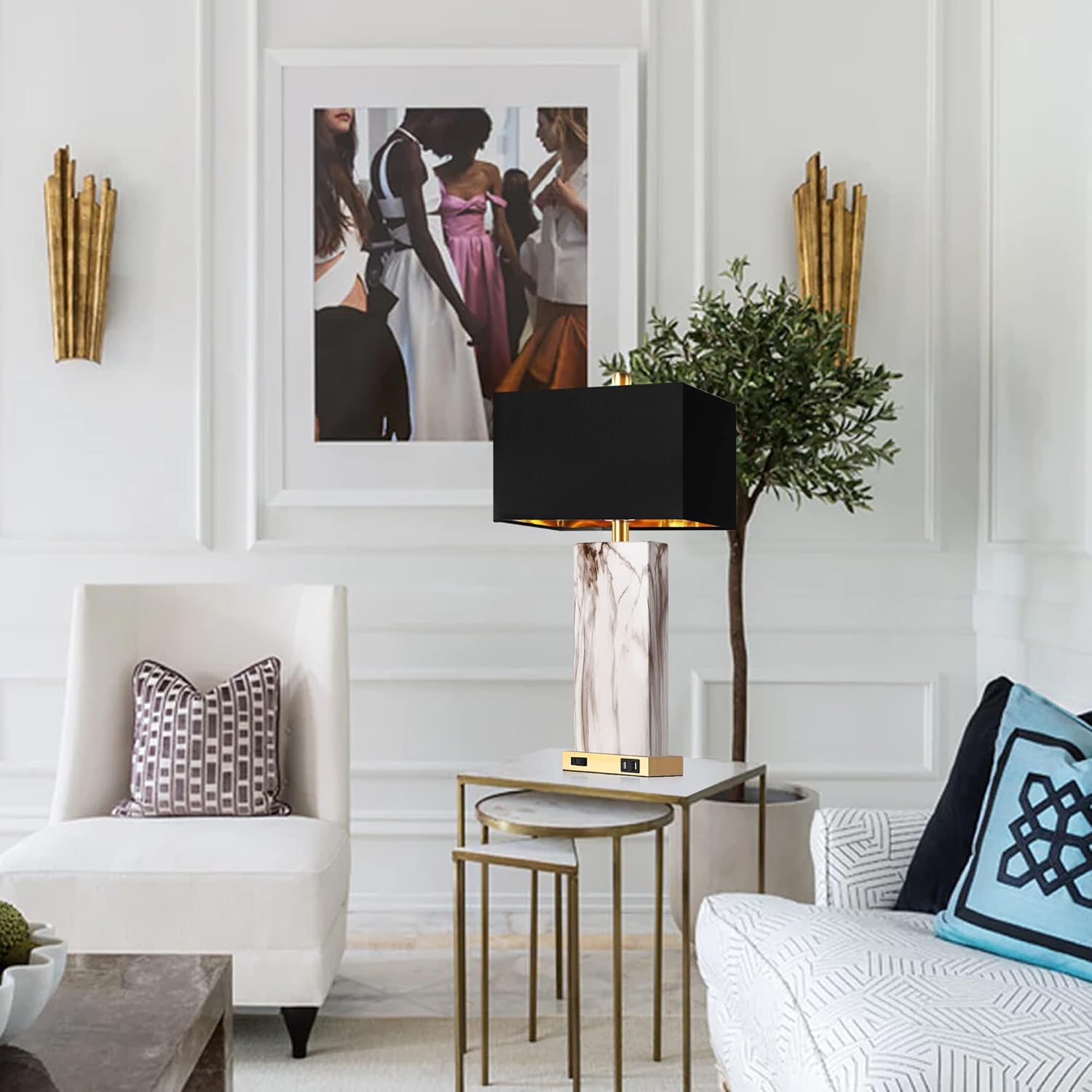 Marble Touch-Control Table Lamp with USB Charging Ports, Black Shade, Set of 2