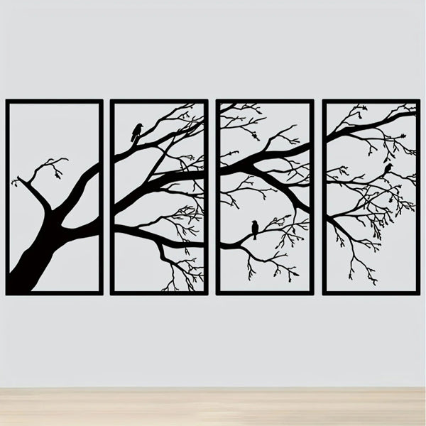 Modern Aluminum Wall Art, Branch and Flying Bird Design, Set of 4 for Living Room — detail view