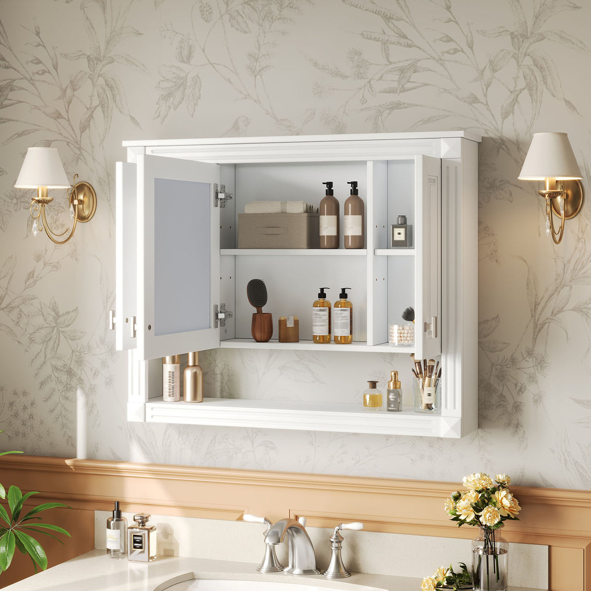 Wall-Mounted Bathroom Medicine Cabinet with Mirror, Open Shelf, Over-Toilet Storage, White, 35 in. — detail view 3