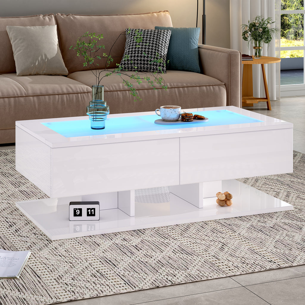 High-Gloss LED Sofa Table with Glass Top, White