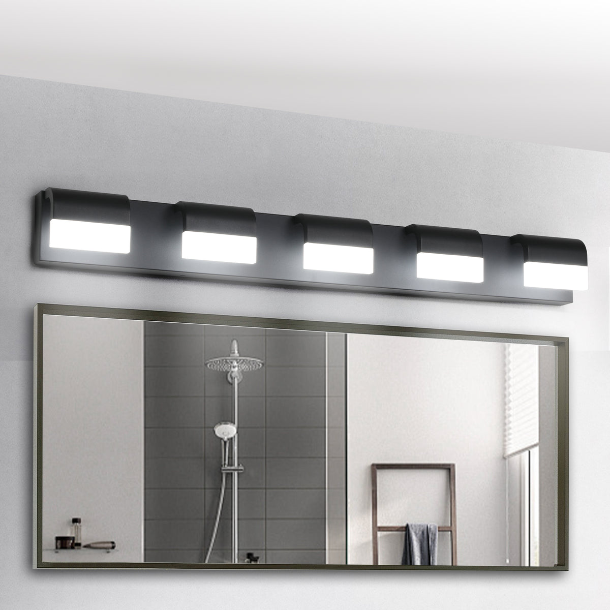 Modern 5-Light LED Bathroom Vanity Light, Black Metal Wall Sconce for Over Mirror — detail view