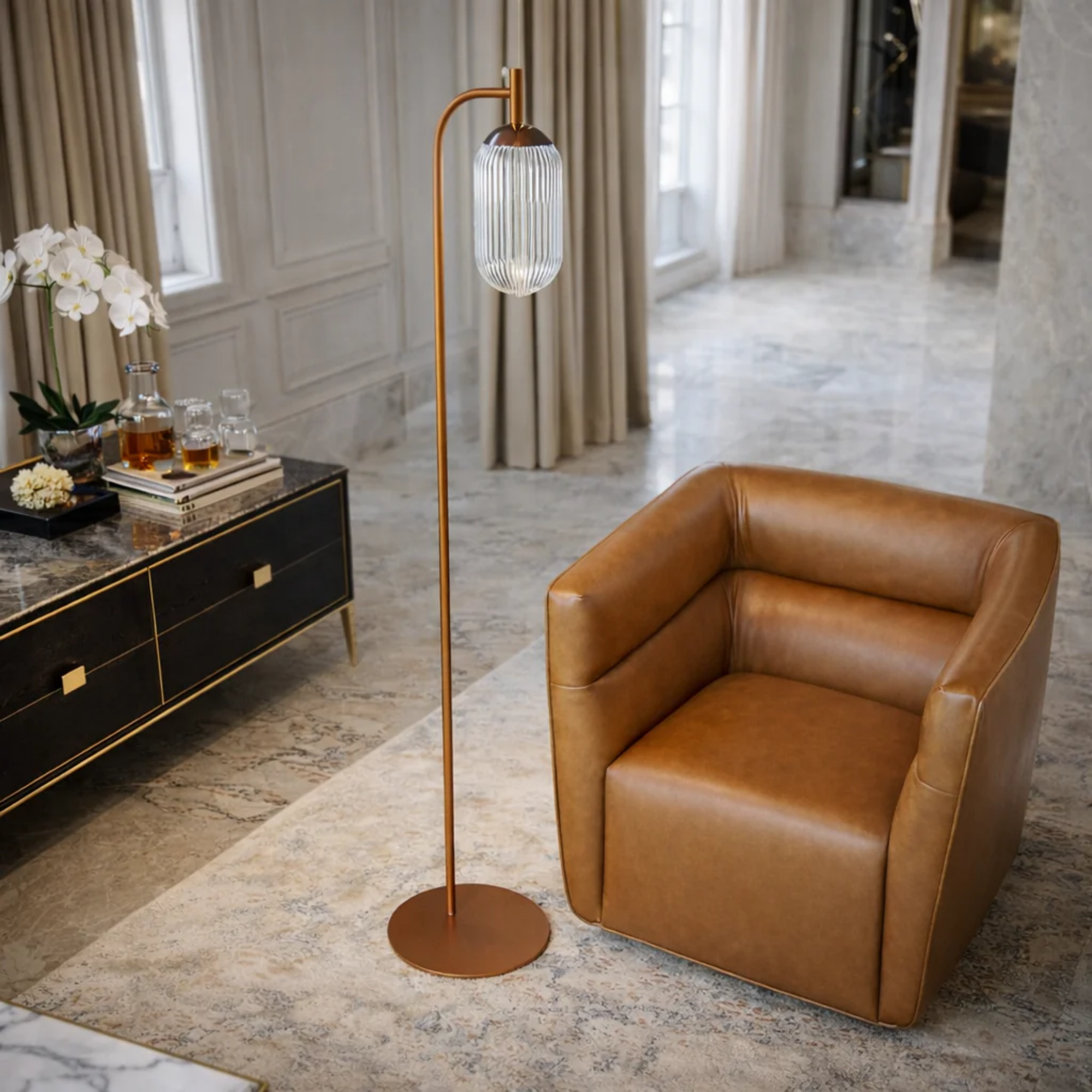 Classic Modern Floor Lamp, Upward Lighting Design, Bronze & Clear Finish