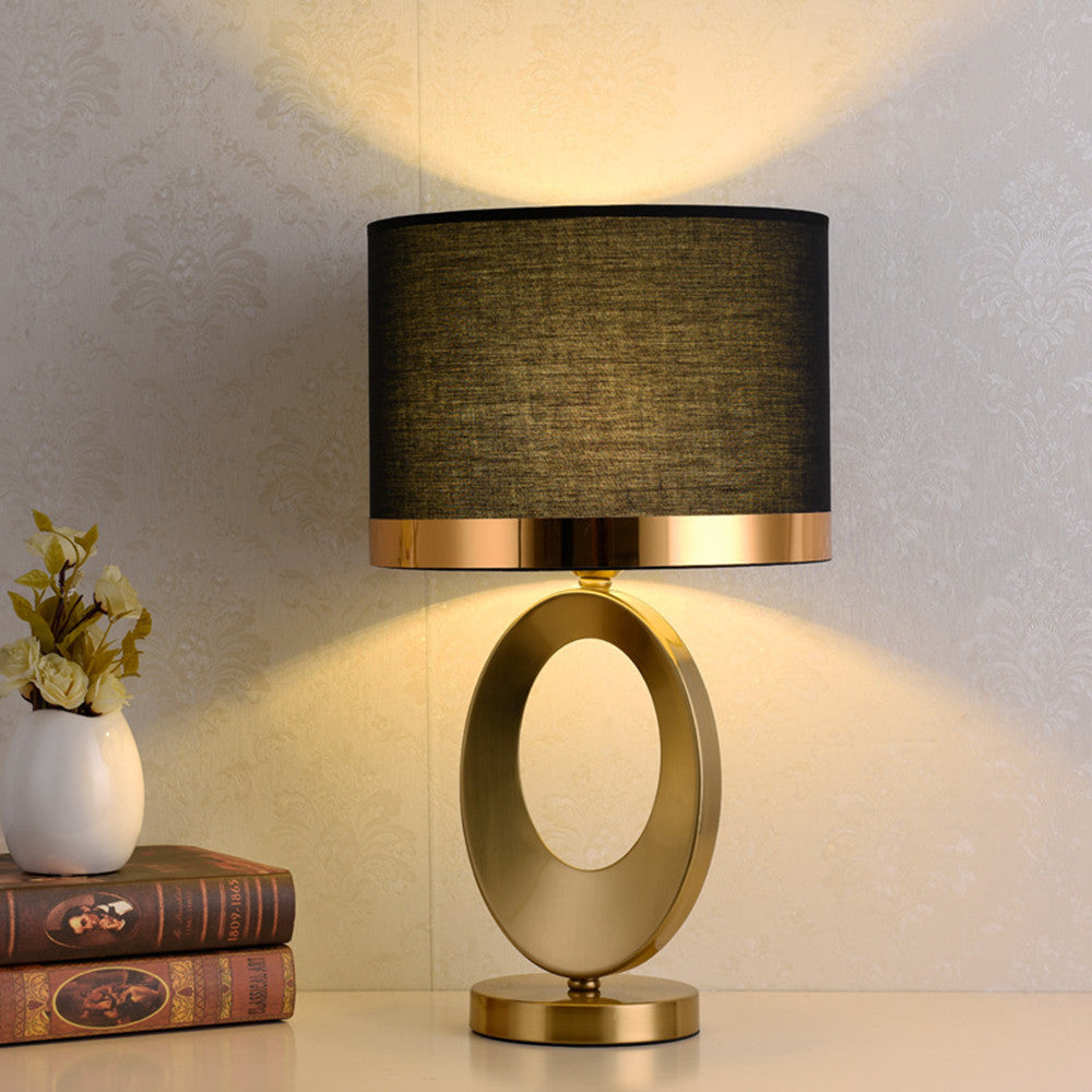 Gold Oval Ring Table Lamp, Black Linen Drum Shade, 20 Inch