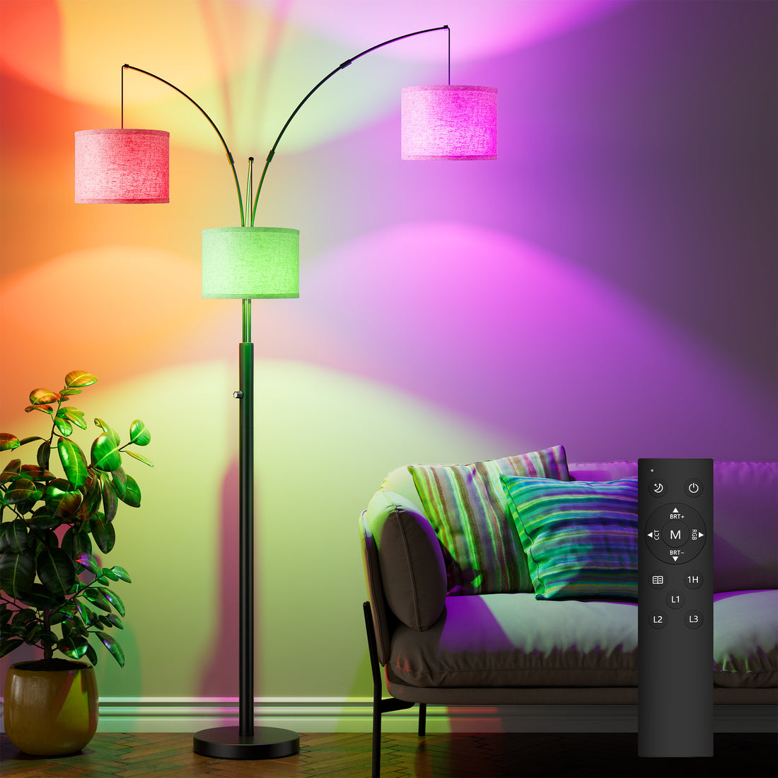 Dimmable Three-Head LED Floor Lamp, 3 Color Temperatures, Metal, Black Finish