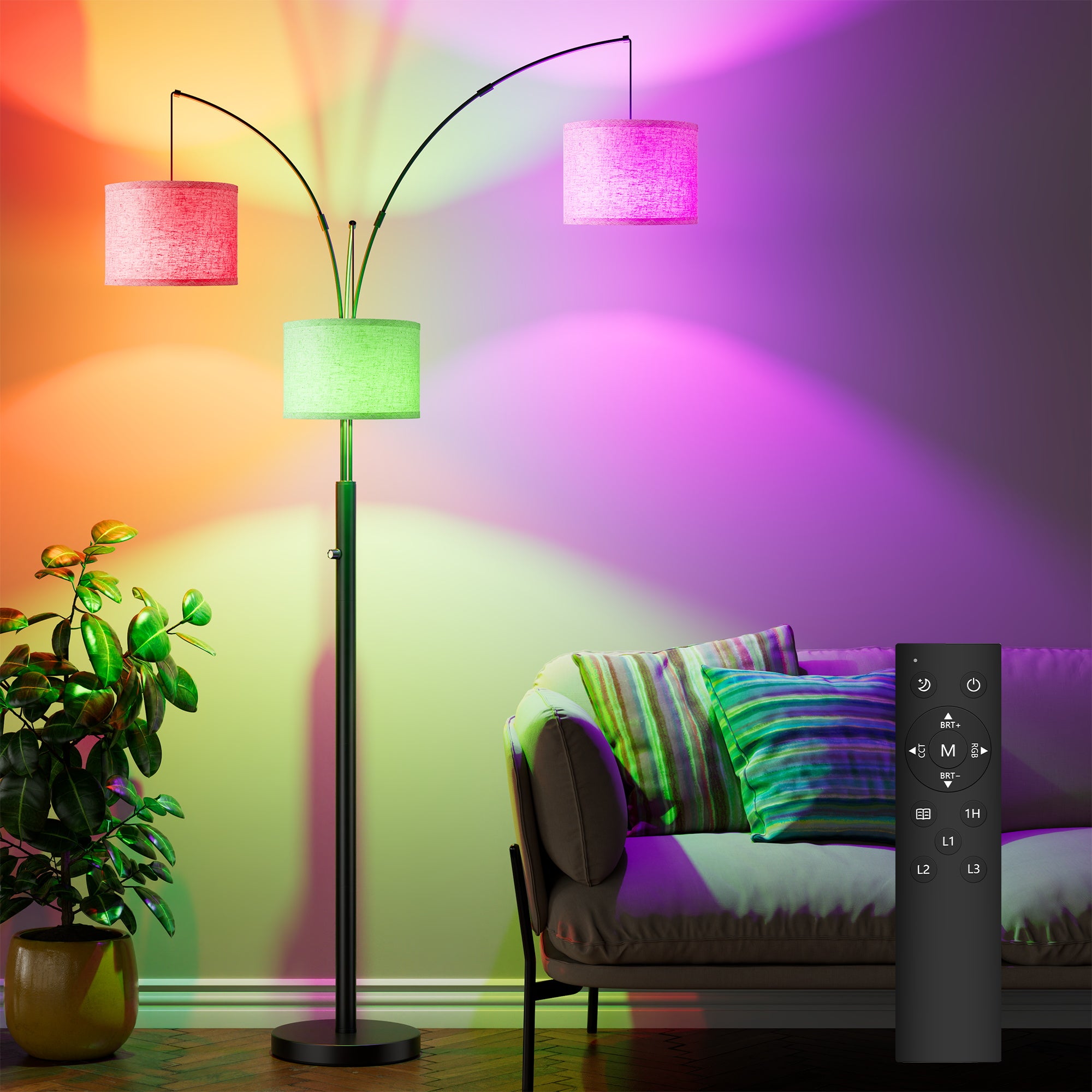 Dimmable Three-Head LED Floor Lamp, 3 Color Temperatures, Metal, Black Finish