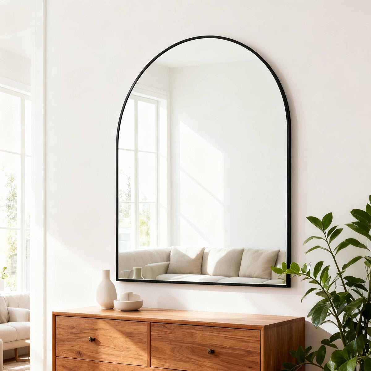 Arched Metal Frame Bathroom Wall Mirror, Slim Border, Black, 30 x 36 in. for Vanity — detail view