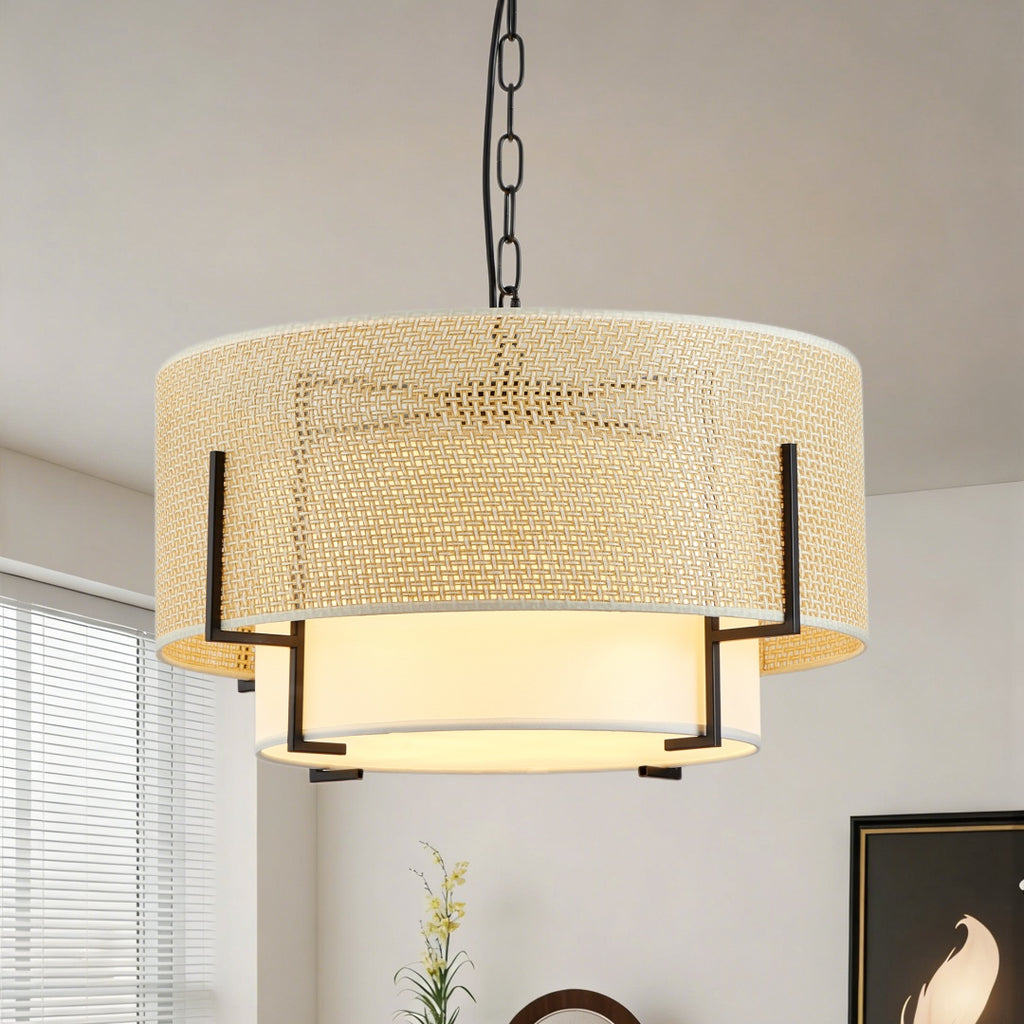 Farmhouse Boho Rattan Chandelier, Woven Texture, Fabric Shade, 19.7 in.