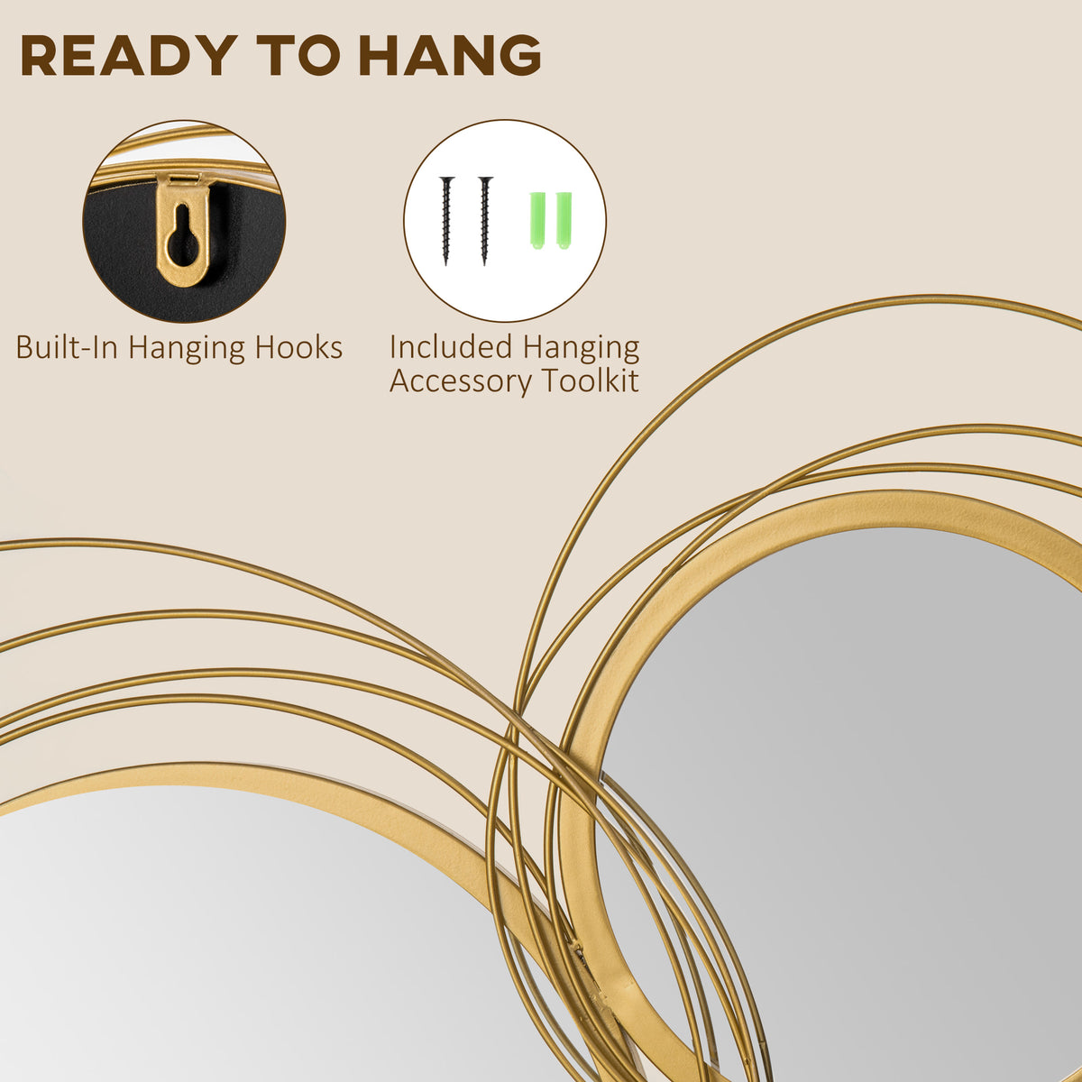 Round Metal Wall Mirror, Asymmetrical Gold Frame, 42 in for Living Room Entryway — detail view 2