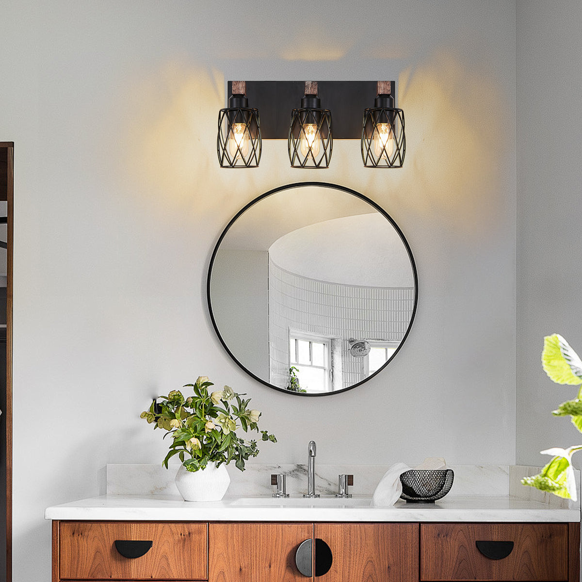 Industrial Vintage 3-Light Wall Sconce, Wire Cage Shades with Wooden Accents, Walnut and Black, 18 in. for Hallway — detail view